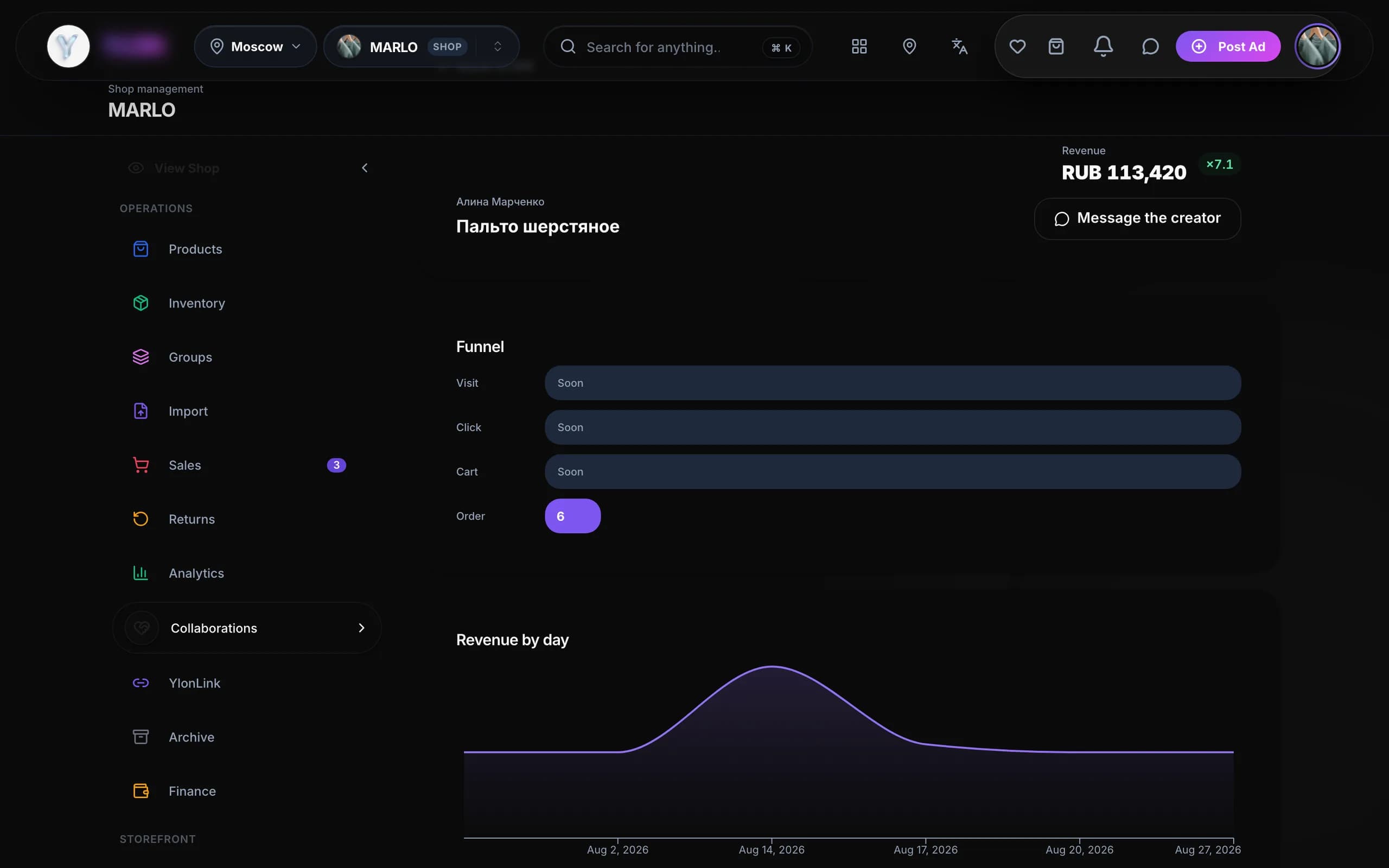 Collaboration analytics in the Ylon dashboard: click-through and order funnel, revenue, ROI