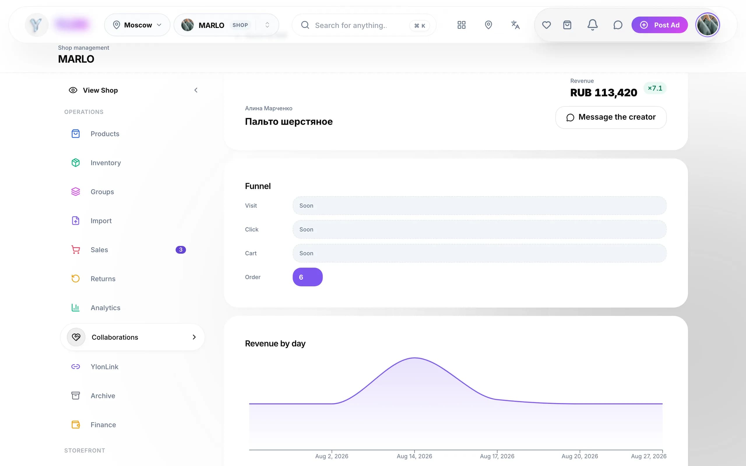 Collaboration analytics in the Ylon dashboard: click-through and order funnel, revenue, ROI
